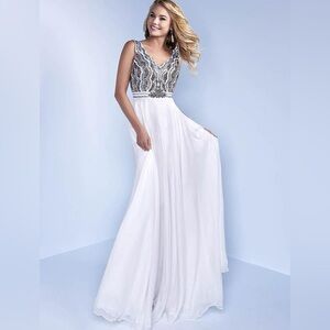 Splash Silver and White Sequin Plunge Gown
